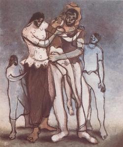 Pintura de Clóvis Graciano mostrando cinco pessoas agrupadas e muito próximas umas das outras, algumas abraçadas ou apoiadas entre si. As figuras, de traços simples e expressivos, aparecem em tons terrosos, brancos e azulados, sobre fundo cinza-azulado.